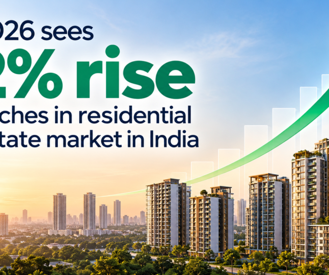 Residential real estate market in India sees a 32% rise in launches in Q3 2026, illustrated by modern apartment buildings and an upward-trending green growth arrow.