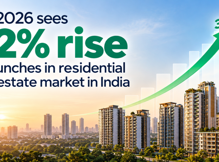 Residential real estate market in India sees a 32% rise in launches in Q3 2026, illustrated by modern apartment buildings and an upward-trending green growth arrow.