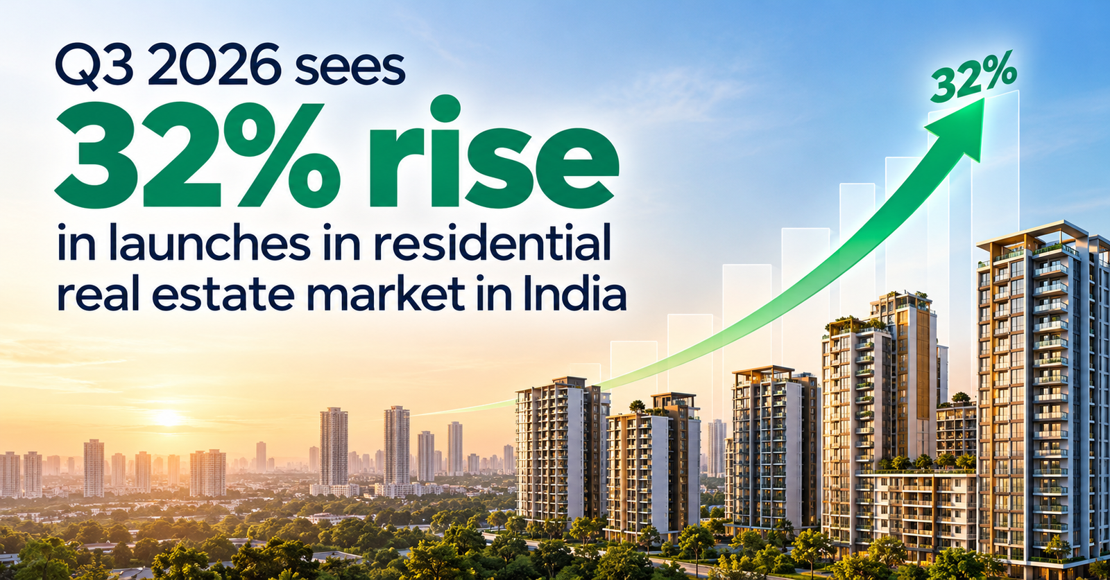 Residential real estate market in India sees a 32% rise in launches in Q3 2026, illustrated by modern apartment buildings and an upward-trending green growth arrow.