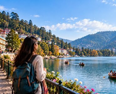 A solo female traveler with a backpack enjoys a scenic lakeside view, surrounded by mountains, colorful hillside buildings, and boats on the water.
