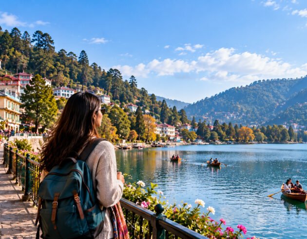 A solo female traveler with a backpack enjoys a scenic lakeside view, surrounded by mountains, colorful hillside buildings, and boats on the water.