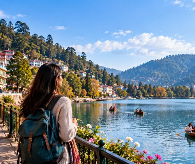 A solo female traveler with a backpack enjoys a scenic lakeside view, surrounded by mountains, colorful hillside buildings, and boats on the water.