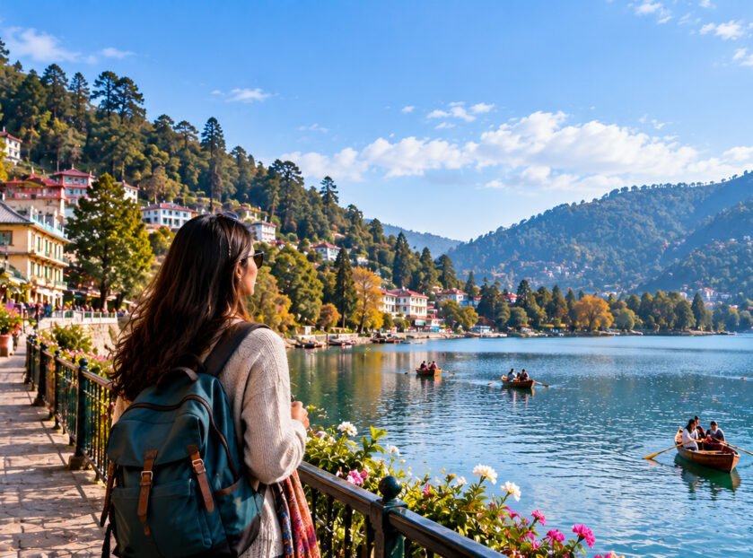 A solo female traveler with a backpack enjoys a scenic lakeside view, surrounded by mountains, colorful hillside buildings, and boats on the water.