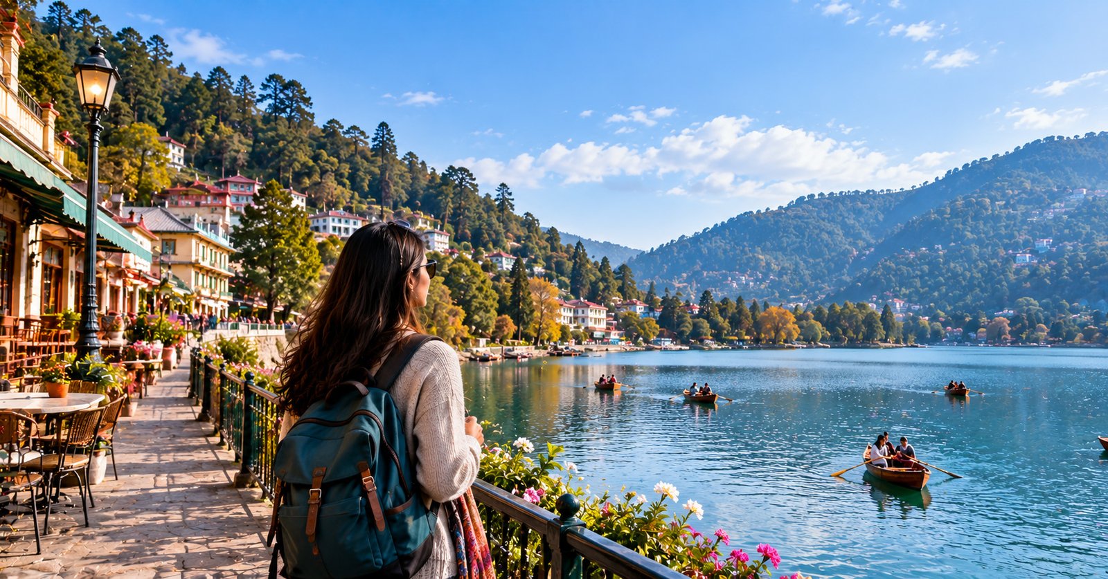 A solo female traveler with a backpack enjoys a scenic lakeside view, surrounded by mountains, colorful hillside buildings, and boats on the water.