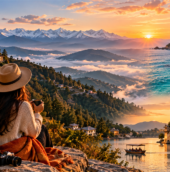Scenic sunset view of mountains, beaches, and luxury villas, capturing the beauty of travel in October.
