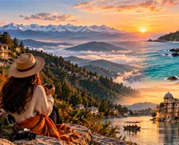 Scenic sunset view of mountains, beaches, and luxury villas, capturing the beauty of travel in October.