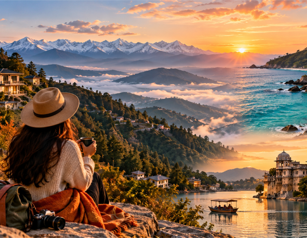 Scenic sunset view of mountains, beaches, and luxury villas, capturing the beauty of travel in October.