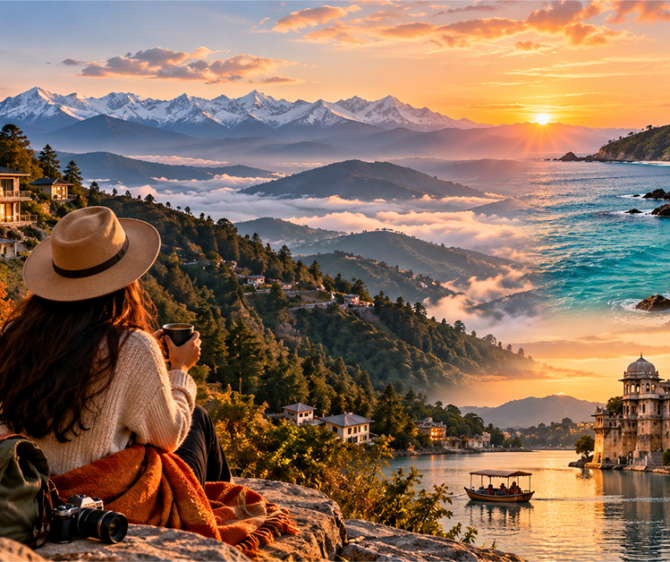 Scenic sunset view of mountains, beaches, and luxury villas, capturing the beauty of travel in October.