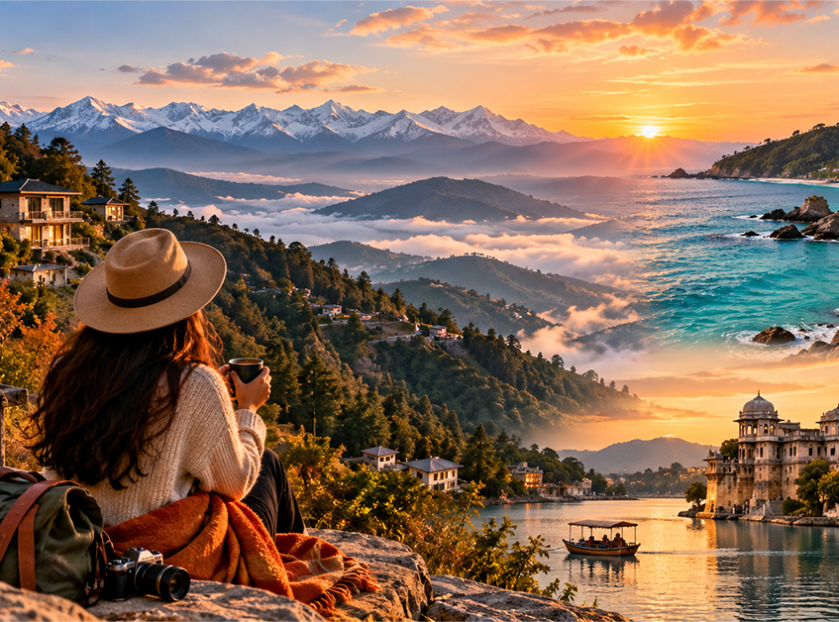 Scenic sunset view of mountains, beaches, and luxury villas, capturing the beauty of travel in October.