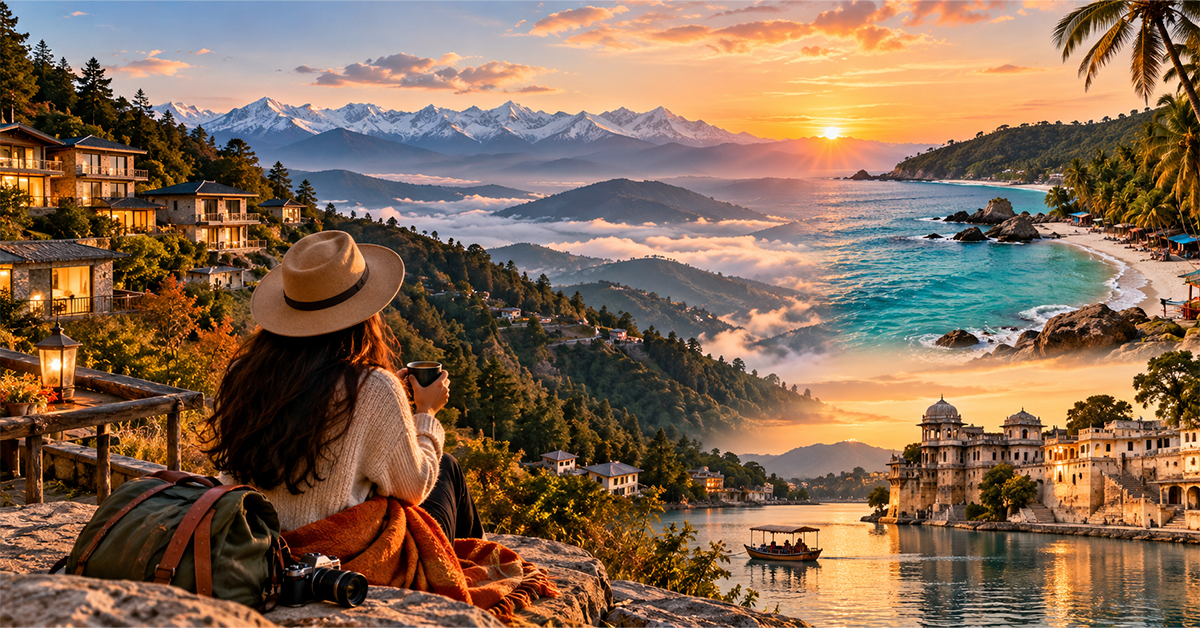 Scenic sunset view of mountains, beaches, and luxury villas, capturing the beauty of travel in October.