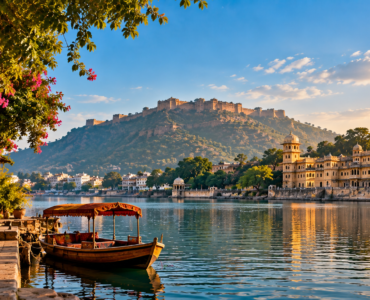 Scenic golden-hour view of a calm lake in Rajasthan, India, with a traditional wooden boat under a red canopy in the foreground. On the left, a stone walkway lined with pink bougainvillea flowers and an ornate building; on the right, a grand multi-domed palace complex reflected in the water; in the background, a large hilltop fort under a bright blue sky with soft clouds.