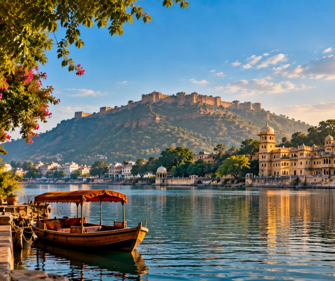 Scenic golden-hour view of a calm lake in Rajasthan, India, with a traditional wooden boat under a red canopy in the foreground. On the left, a stone walkway lined with pink bougainvillea flowers and an ornate building; on the right, a grand multi-domed palace complex reflected in the water; in the background, a large hilltop fort under a bright blue sky with soft clouds.