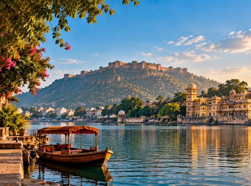 Scenic golden-hour view of a calm lake in Rajasthan, India, with a traditional wooden boat under a red canopy in the foreground. On the left, a stone walkway lined with pink bougainvillea flowers and an ornate building; on the right, a grand multi-domed palace complex reflected in the water; in the background, a large hilltop fort under a bright blue sky with soft clouds.