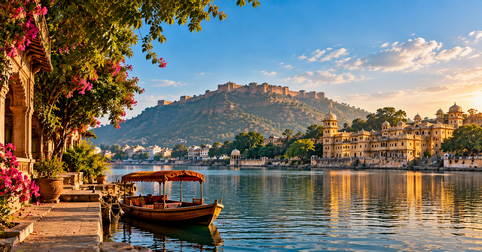 Scenic golden-hour view of a calm lake in Rajasthan, India, with a traditional wooden boat under a red canopy in the foreground. On the left, a stone walkway lined with pink bougainvillea flowers and an ornate building; on the right, a grand multi-domed palace complex reflected in the water; in the background, a large hilltop fort under a bright blue sky with soft clouds.