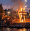 Dussehra in Varanasi celebrated with a grand Ravan effigy burning, fireworks, illuminated temples, and crowds gathered along the Ganges River.