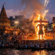 Dussehra in Varanasi celebrated with a grand Ravan effigy burning, fireworks, illuminated temples, and crowds gathered along the Ganges River.