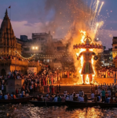 Dussehra in Varanasi celebrated with a grand Ravan effigy burning, fireworks, illuminated temples, and crowds gathered along the Ganges River.