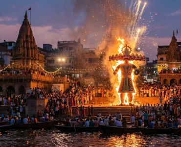 Dussehra in Varanasi celebrated with a grand Ravan effigy burning, fireworks, illuminated temples, and crowds gathered along the Ganges River.