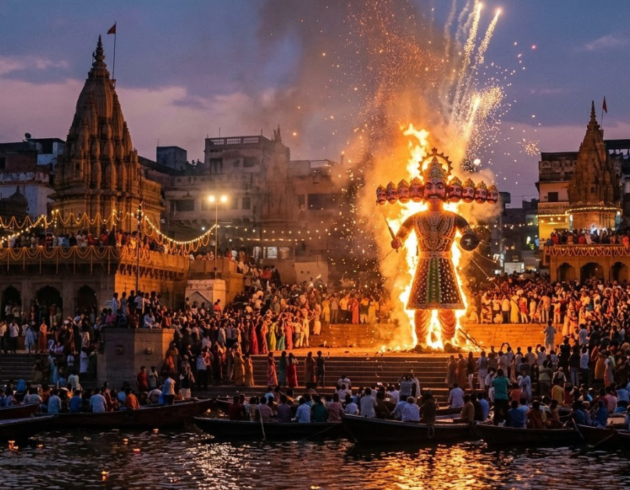 Dussehra in Varanasi celebrated with a grand Ravan effigy burning, fireworks, illuminated temples, and crowds gathered along the Ganges River.