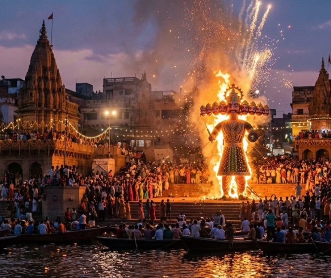 Dussehra in Varanasi celebrated with a grand Ravan effigy burning, fireworks, illuminated temples, and crowds gathered along the Ganges River.