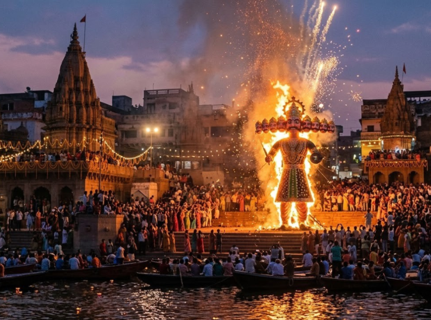 Dussehra in Varanasi celebrated with a grand Ravan effigy burning, fireworks, illuminated temples, and crowds gathered along the Ganges River.