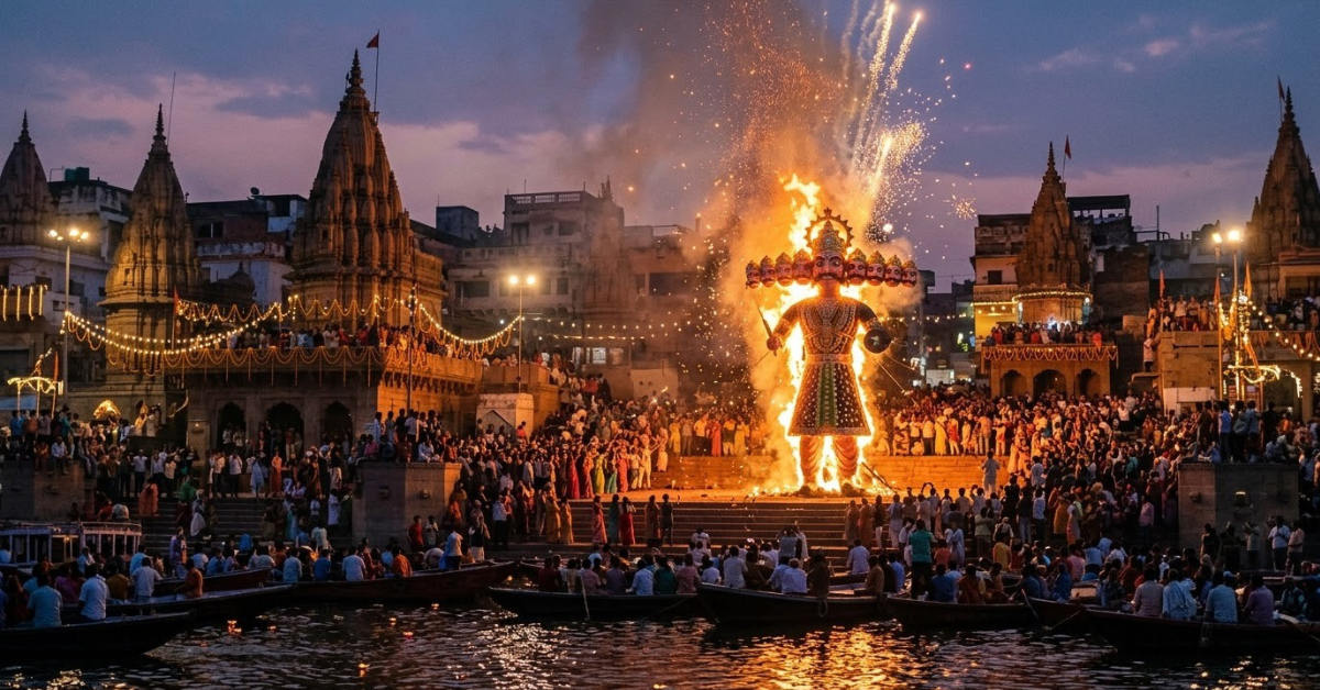 Dussehra in Varanasi celebrated with a grand Ravan effigy burning, fireworks, illuminated temples, and crowds gathered along the Ganges River.