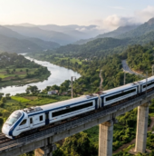 Vande Bharat train traveling on an elevated railway bridge through lush green mountains, overlooking a winding river and scenic valley.
