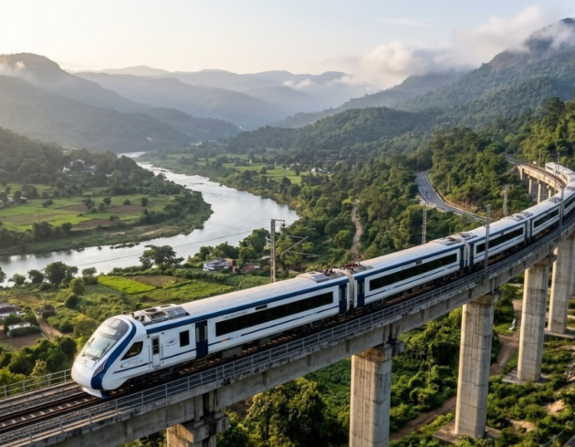 Vande Bharat train traveling on an elevated railway bridge through lush green mountains, overlooking a winding river and scenic valley.