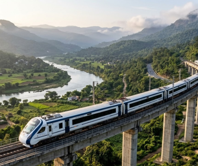 Vande Bharat train traveling on an elevated railway bridge through lush green mountains, overlooking a winding river and scenic valley.