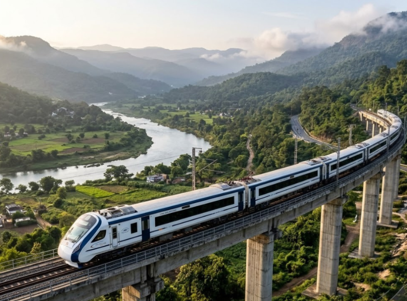 Vande Bharat train traveling on an elevated railway bridge through lush green mountains, overlooking a winding river and scenic valley.