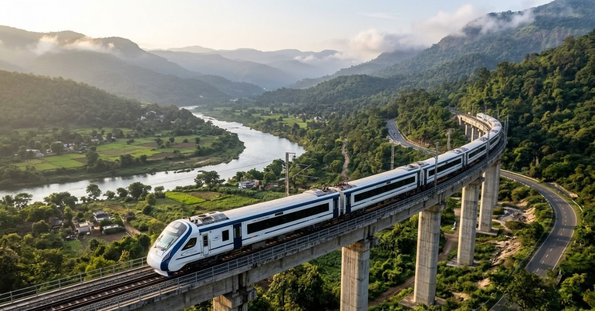 Vande Bharat train traveling on an elevated railway bridge through lush green mountains, overlooking a winding river and scenic valley.