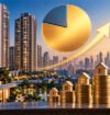Real estate investment in India illustrated with luxury apartments, rising property values, gold coin stacks with house models, and an upward growth chart.