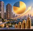 Real estate investment in India illustrated with luxury apartments, rising property values, gold coin stacks with house models, and an upward growth chart.