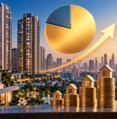 Real estate investment in India illustrated with luxury apartments, rising property values, gold coin stacks with house models, and an upward growth chart.
