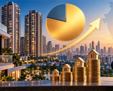 Real estate investment in India illustrated with luxury apartments, rising property values, gold coin stacks with house models, and an upward growth chart.