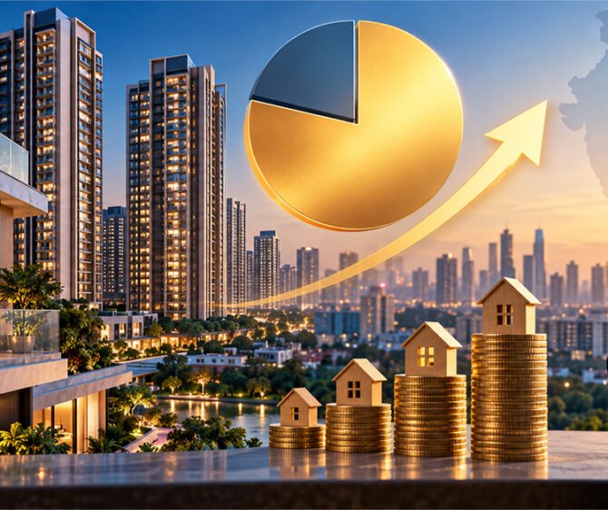 Real estate investment in India illustrated with luxury apartments, rising property values, gold coin stacks with house models, and an upward growth chart.