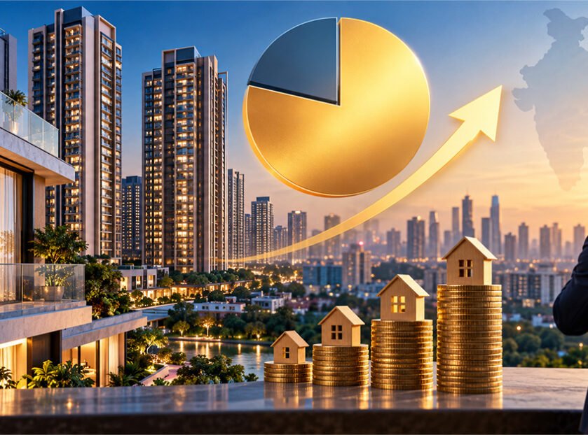 Real estate investment in India illustrated with luxury apartments, rising property values, gold coin stacks with house models, and an upward growth chart.