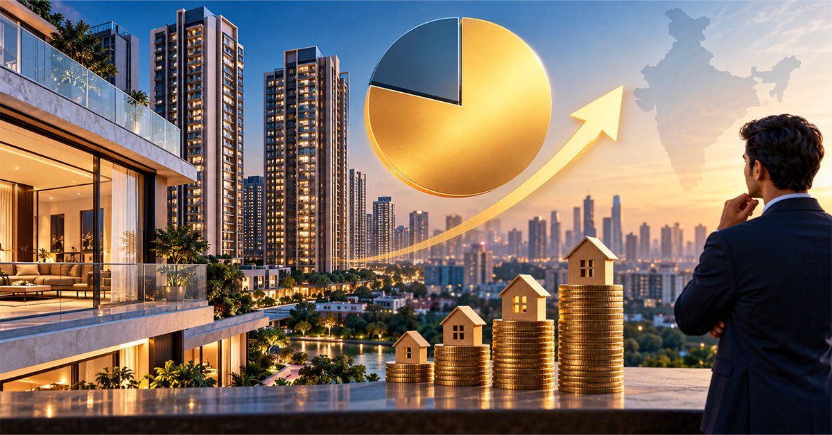 Real estate investment in India illustrated with luxury apartments, rising property values, gold coin stacks with house models, and an upward growth chart.