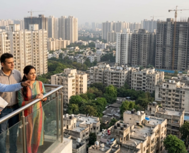 Homebuyers reviewing residential property prices in India with a real estate agent overlooking a city skyline of high-rise apartments under construction.
