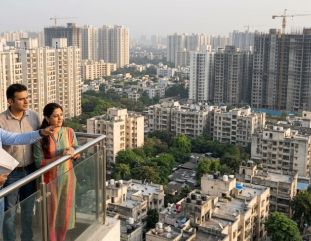Homebuyers reviewing residential property prices in India with a real estate agent overlooking a city skyline of high-rise apartments under construction.