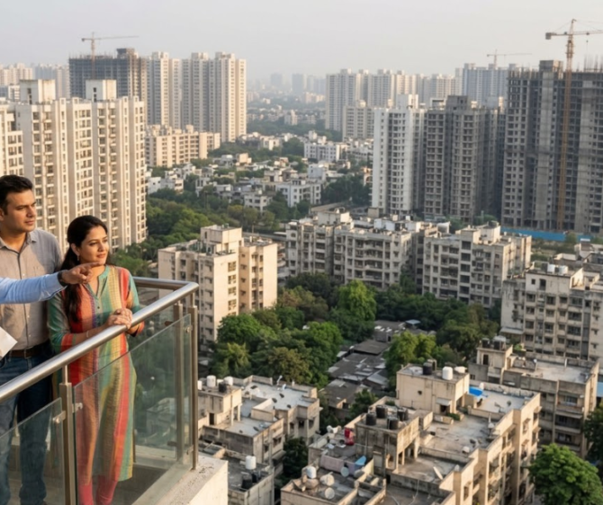 Homebuyers reviewing residential property prices in India with a real estate agent overlooking a city skyline of high-rise apartments under construction.