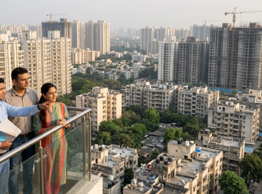 Homebuyers reviewing residential property prices in India with a real estate agent overlooking a city skyline of high-rise apartments under construction.