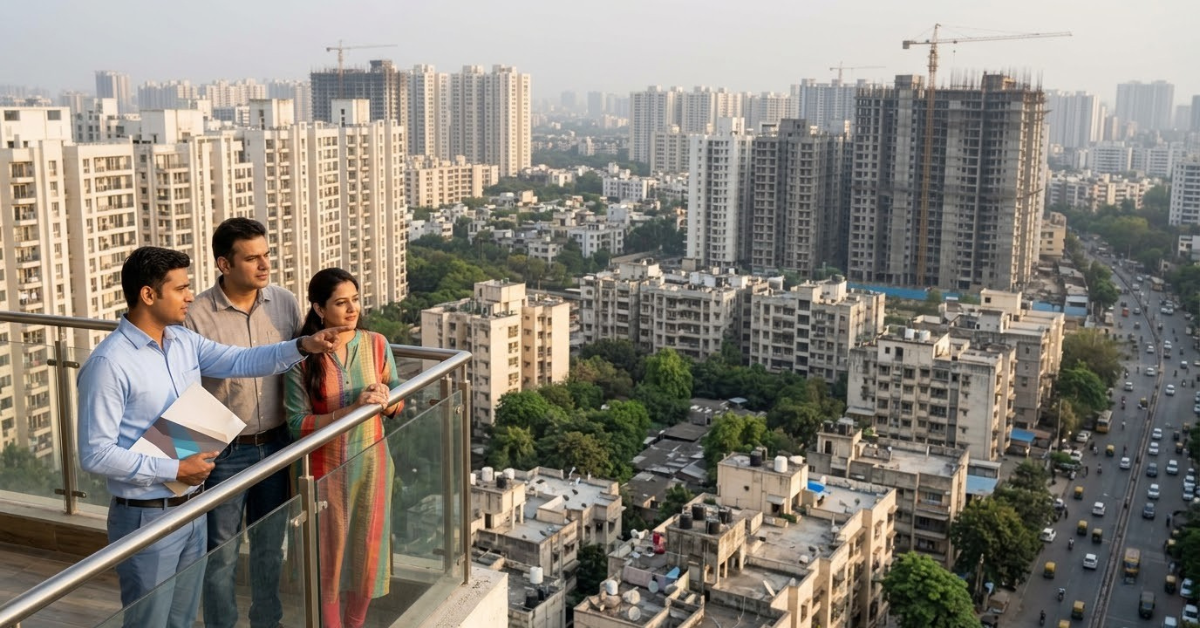 Homebuyers reviewing residential property prices in India with a real estate agent overlooking a city skyline of high-rise apartments under construction.